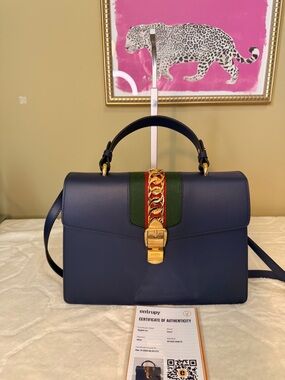 Gucci Sylvie Top Handle Large Bag in blue leather.